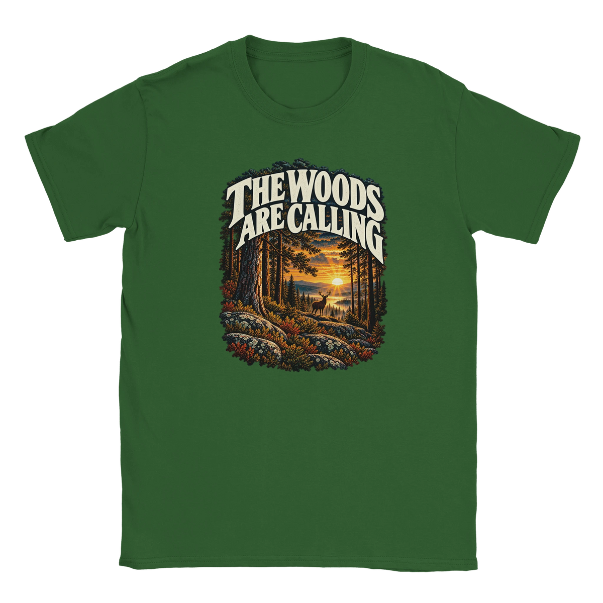 The Woods Are Calling - T-shirt in Military Green. A deer between tall pine trees in golden light beneath The Woods Are Calling lettering.