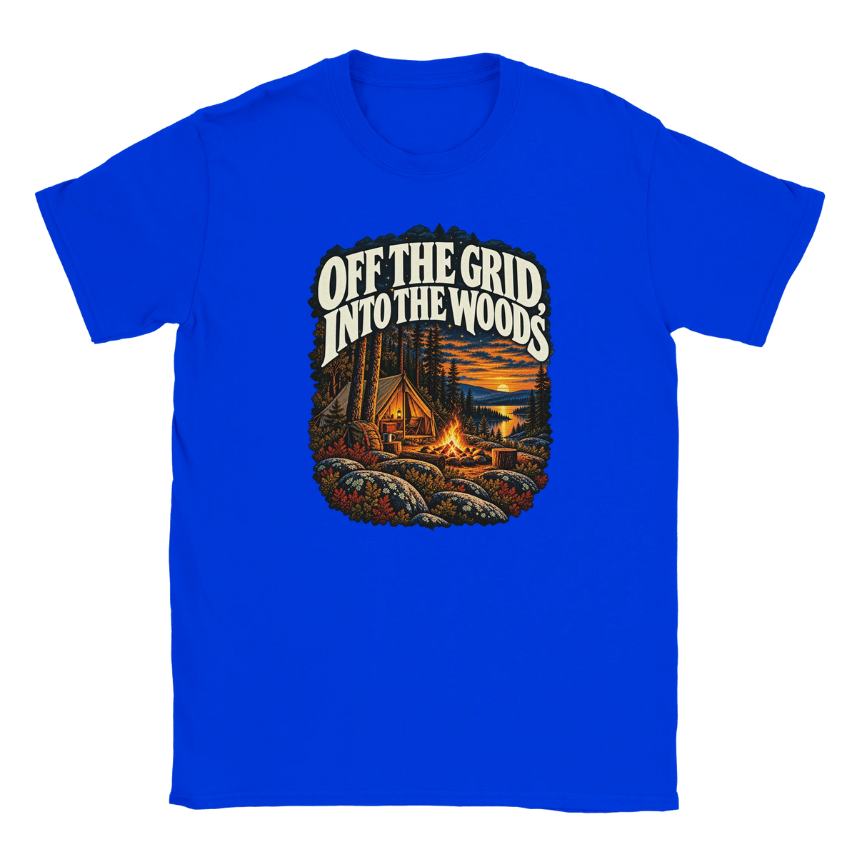 Off The Grid - T-shirt. A tent, campfire and forest lake in warm evening light beneath Off the Grid Into the Woods lettering.