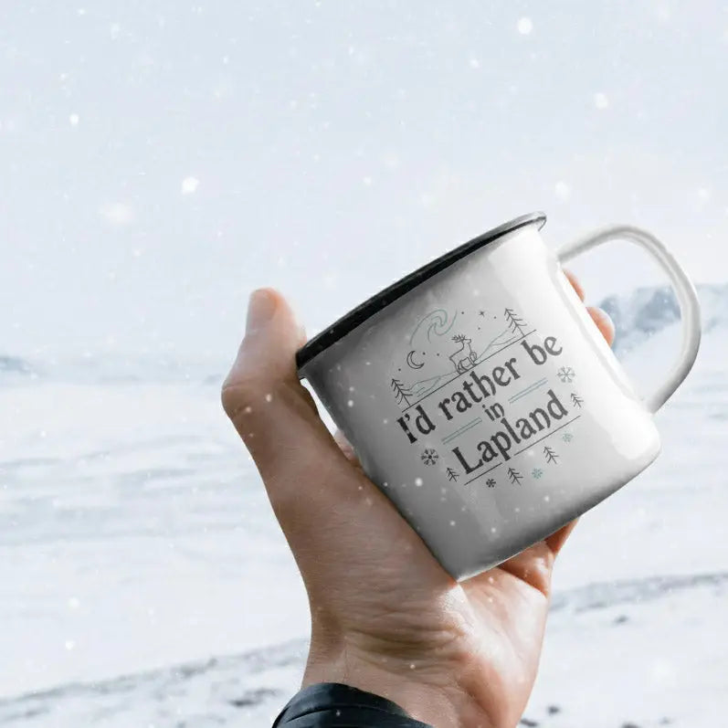 Finnish gift mug featuring cottage and sauna art – enamel mug from Finland