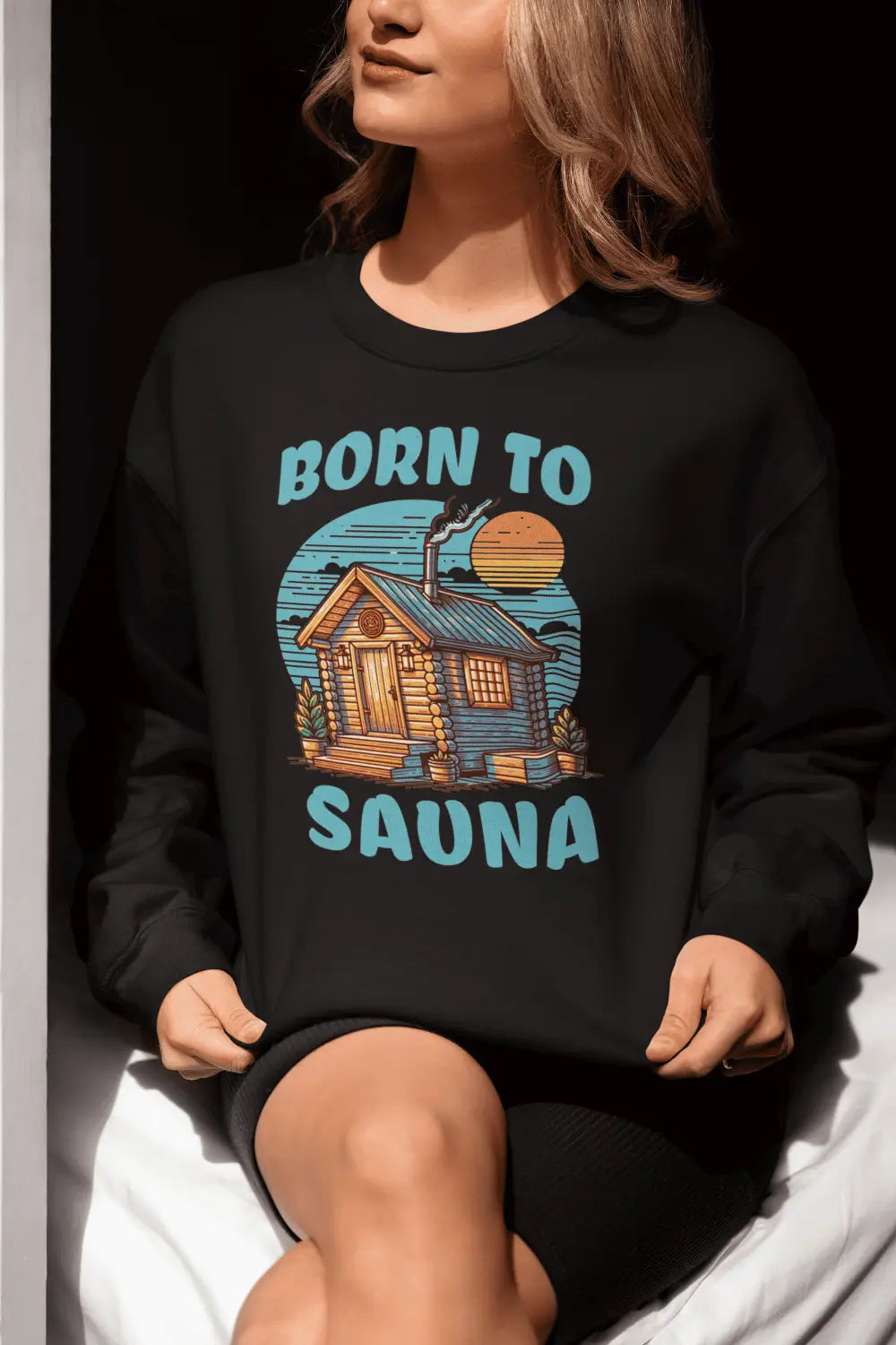 Scandinavian sweatshirt with sauna and cottage illustration – Nordic lifestyle clothing