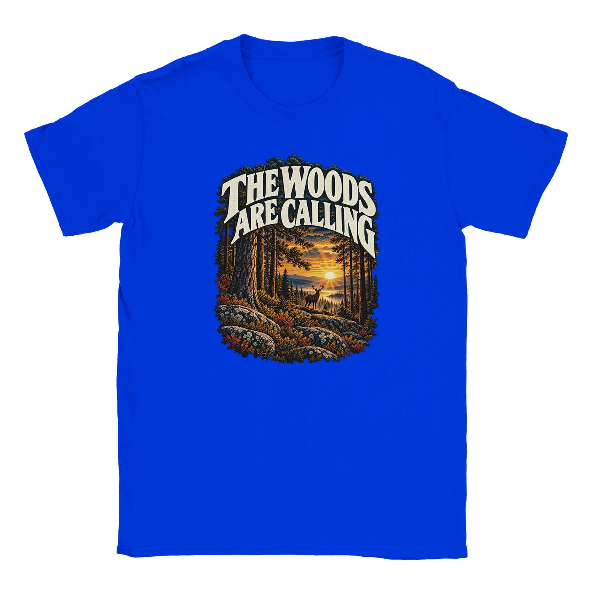 The Woods Are Calling - T-shirt in Royal. A deer between tall pine trees in golden light beneath The Woods Are Calling lettering.