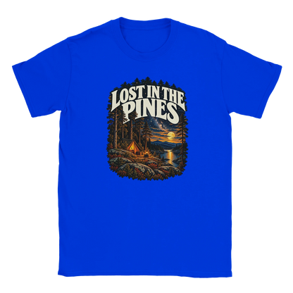 Lost In The Pines - T-shirt in Royal. A tent among tall pines beside a moonlit lake and starry sky beneath Lost in the Pines lettering.
