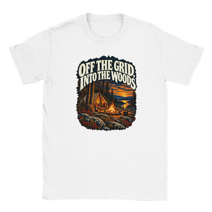Off The Grid - T-shirt in White. A tent, campfire and forest lake in warm evening light beneath Off the Grid Into the Woods lettering.