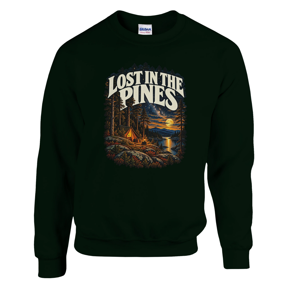 Lost In The Pines - Sweatshirt in Forest Green. A tent among tall pines beside a moonlit lake and starry sky beneath Lost in the Pines lettering.
