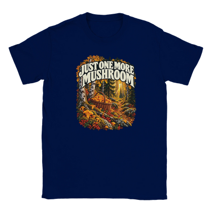 Just One More Mushroom - T-shirt in Navy. Golden mushrooms in a wicker basket on a mossy forest floor beneath Just One More Mushroom lettering.