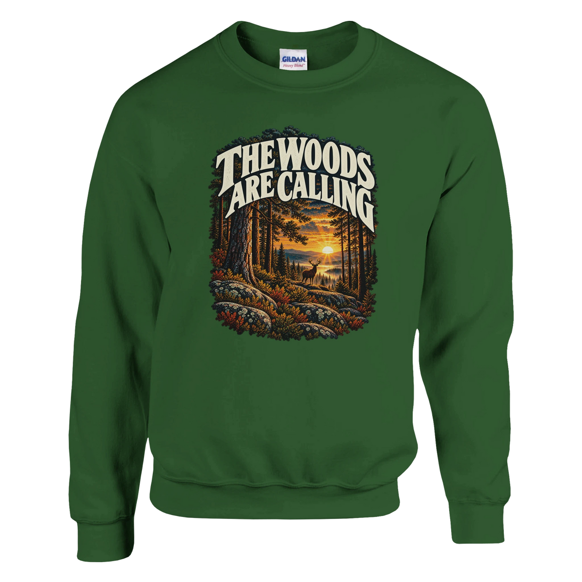The Woods Are Calling - Sweatshirt in Military Green. A deer between tall pine trees in golden light beneath The Woods Are Calling lettering.