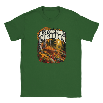 Just One More Mushroom - T-shirt in Military Green. Golden mushrooms in a wicker basket on a mossy forest floor beneath Just One More Mushroom lettering.