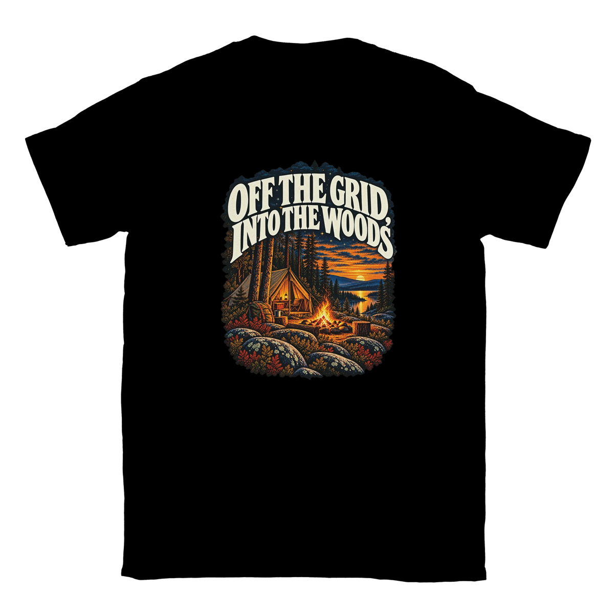 Off The Grid - T-shirt in Black. A tent, campfire and forest lake in warm evening light beneath Off the Grid Into the Woods lettering.