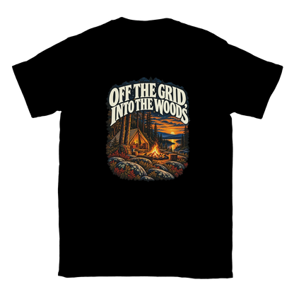 Off The Grid - T-shirt in Black. A tent, campfire and forest lake in warm evening light beneath Off the Grid Into the Woods lettering.