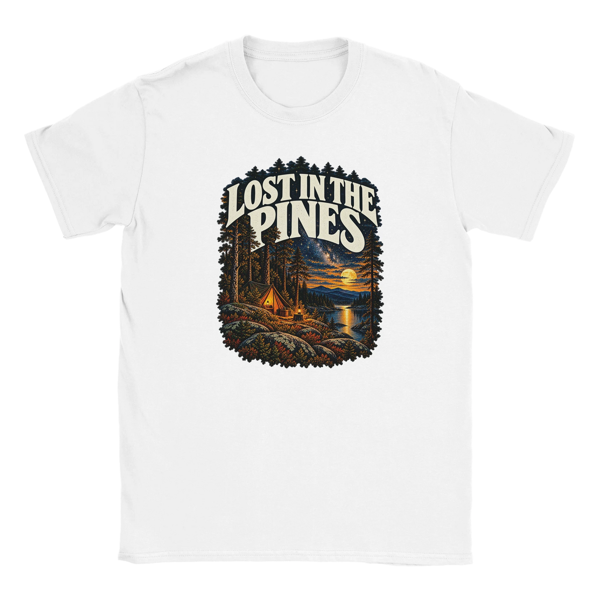 Lost In The Pines - T-shirt in White. A tent among tall pines beside a moonlit lake and starry sky beneath Lost in the Pines lettering.