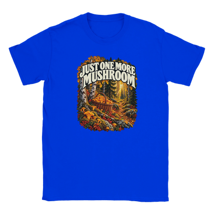 Just One More Mushroom - T-shirt in Royal. Golden mushrooms in a wicker basket on a mossy forest floor beneath Just One More Mushroom lettering.