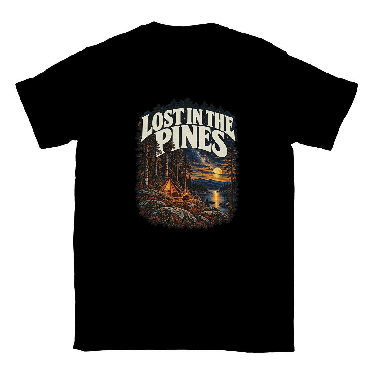 Lost In The Pines - T-shirt in Black. A tent among tall pines beside a moonlit lake and starry sky beneath Lost in the Pines lettering.