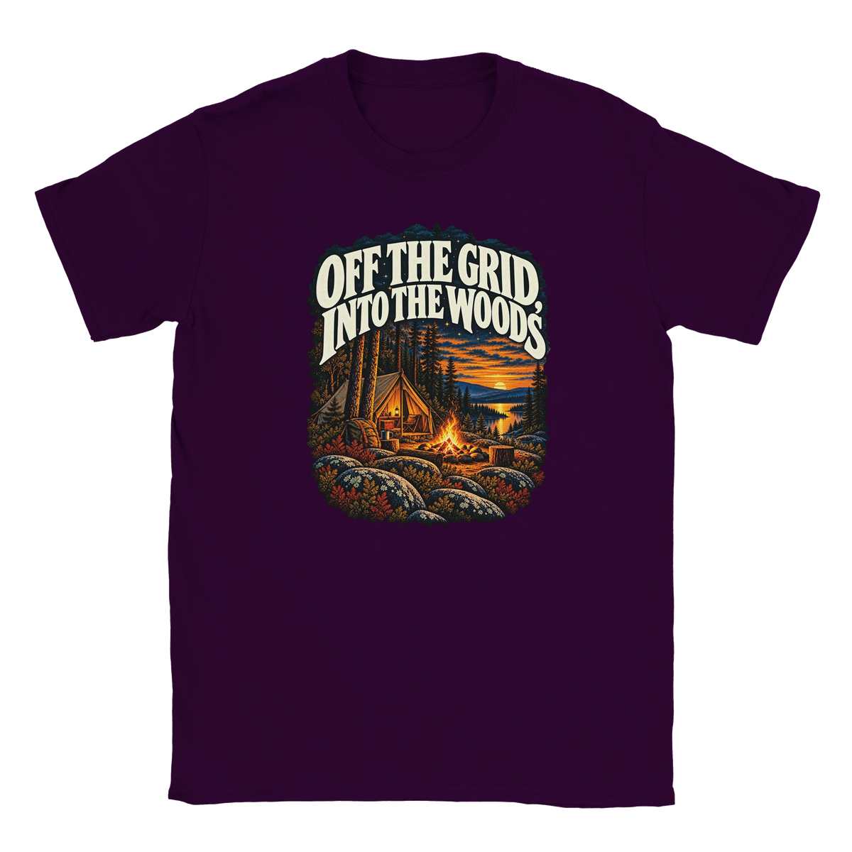 Off The Grid - T-shirt. A tent, campfire and forest lake in warm evening light beneath Off the Grid Into the Woods lettering.