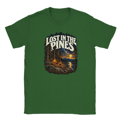 Lost In The Pines - T-shirt in Military Green. A tent among tall pines beside a moonlit lake and starry sky beneath Lost in the Pines lettering.