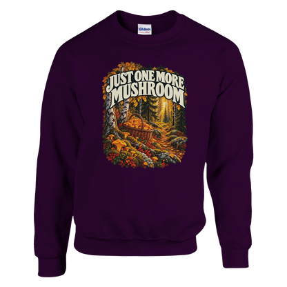 Just One More Mushroom - Sweatshirt in Maroon. Golden mushrooms in a wicker basket on a mossy forest floor beneath Just One More Mushroom lettering.