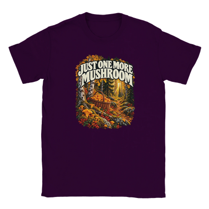 Just One More Mushroom - T-shirt in Maroon. Golden mushrooms in a wicker basket on a mossy forest floor beneath Just One More Mushroom lettering.