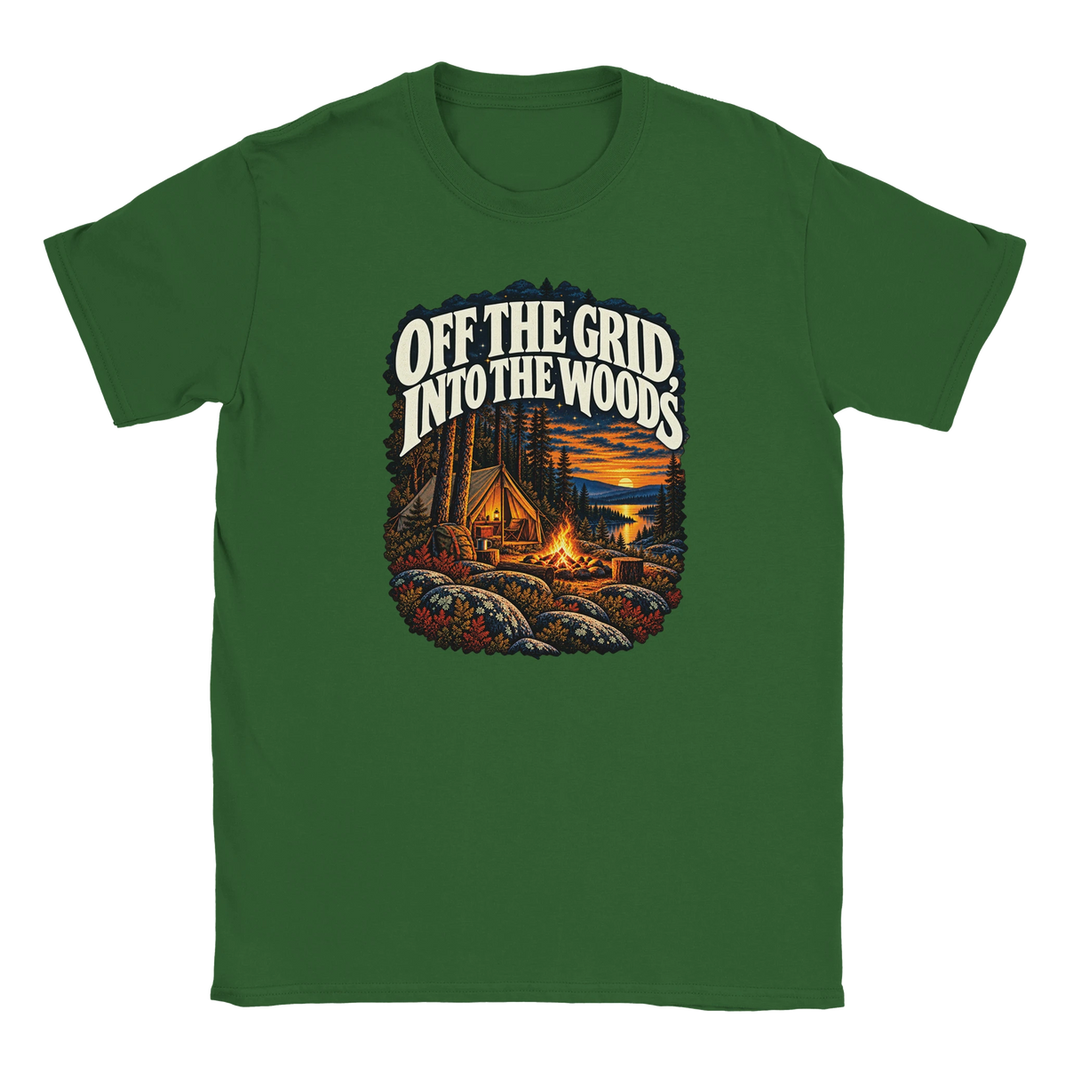 Off The Grid - T-shirt in Military Green. A tent, campfire and forest lake in warm evening light beneath Off the Grid Into the Woods lettering.