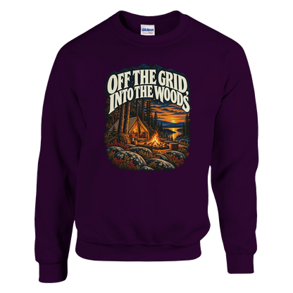 Off The Grid - Sweatshirt in Maroon. A tent, campfire and forest lake in warm evening light beneath Off the Grid Into the Woods lettering.
