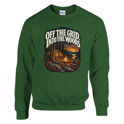 Off The Grid - Sweatshirt in Military Green. A tent, campfire and forest lake in warm evening light beneath Off the Grid Into the Woods lettering.