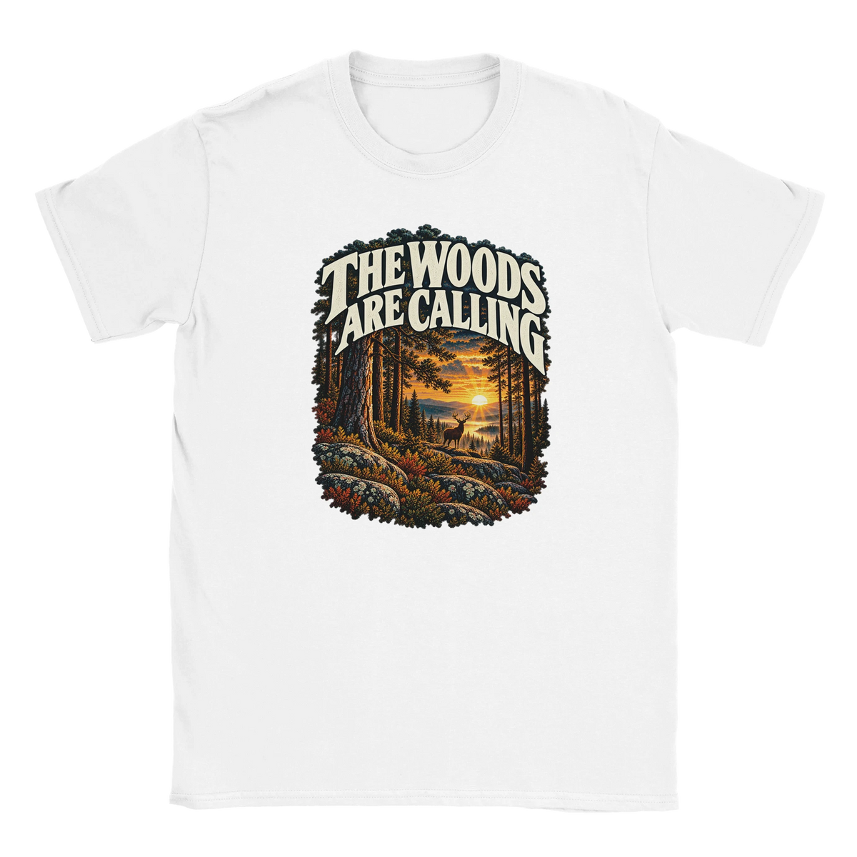 The Woods Are Calling - T-shirt in White. A deer between tall pine trees in golden light beneath The Woods Are Calling lettering.