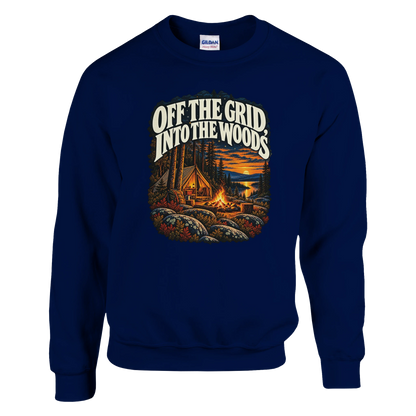 Off The Grid - Sweatshirt in Navy. A tent, campfire and forest lake in warm evening light beneath Off the Grid Into the Woods lettering.
