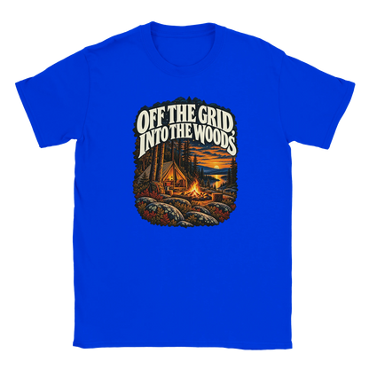 Off The Grid - T-shirt in Royal. A tent, campfire and forest lake in warm evening light beneath Off the Grid Into the Woods lettering.