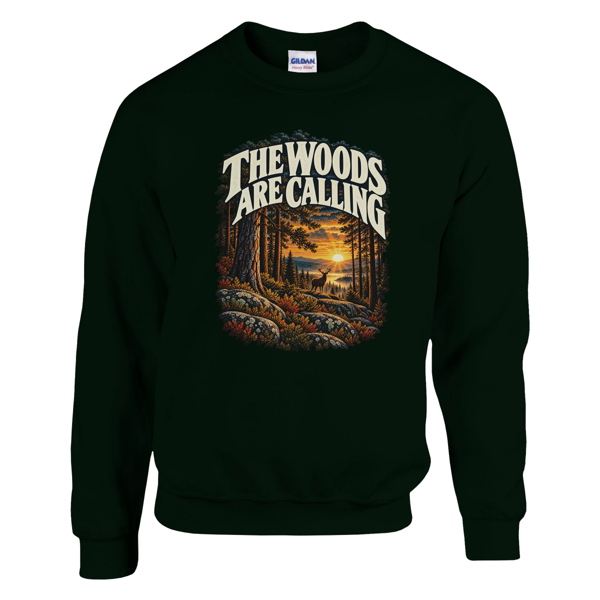 The Woods Are Calling - Sweatshirt in Forest Green. A deer between tall pine trees in golden light beneath The Woods Are Calling lettering.