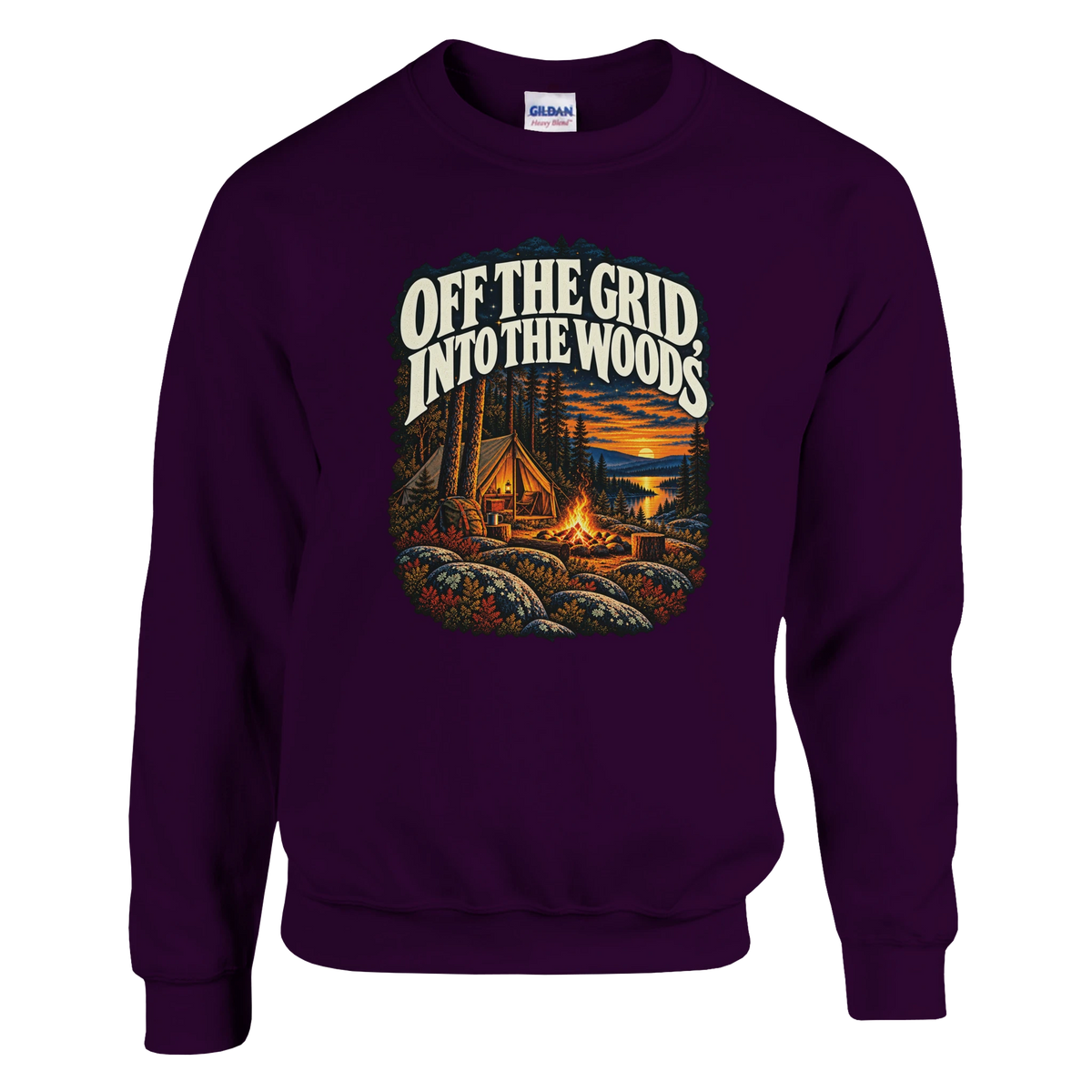 Off The Grid - Sweatshirt in Maroon. A tent, campfire and forest lake in warm evening light beneath Off the Grid Into the Woods lettering.