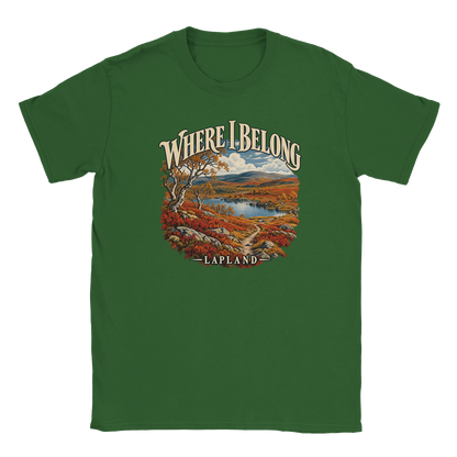 Lapland - Where I Belong - T-shirt in Military Green. Autumn Lapland fells, a lake, birches and a winding trail beneath Where I Belong lettering.