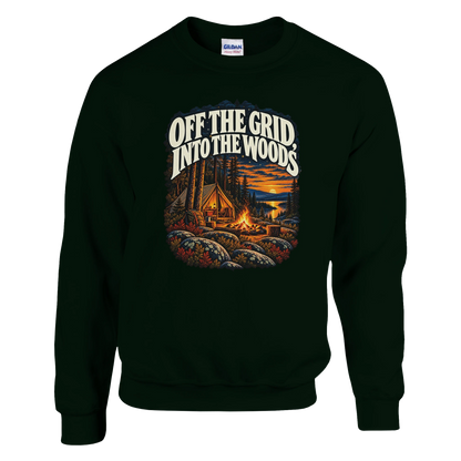 Off The Grid - Sweatshirt in Forest Green. A tent, campfire and forest lake in warm evening light beneath Off the Grid Into the Woods lettering.