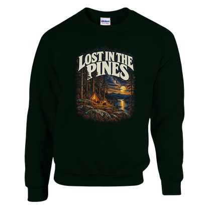 Lost In The Pines - Sweatshirt in Forest Green. A tent among tall pines beside a moonlit lake and starry sky beneath Lost in the Pines lettering.