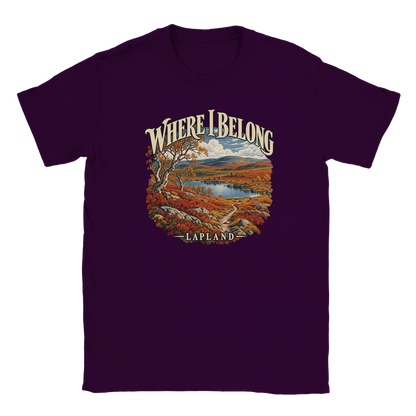 Lapland - Where I Belong - T-shirt in Maroon. Autumn Lapland fells, a lake, birches and a winding trail beneath Where I Belong lettering.