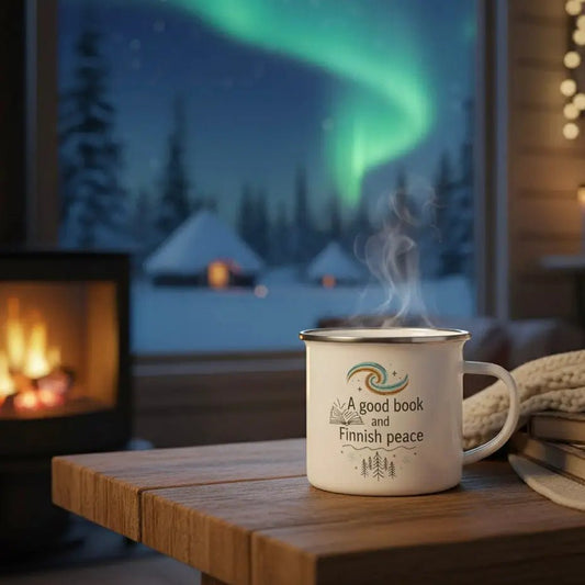 A Good Book and Finnish Peace - Enamel Mug - Rather Be In Finland