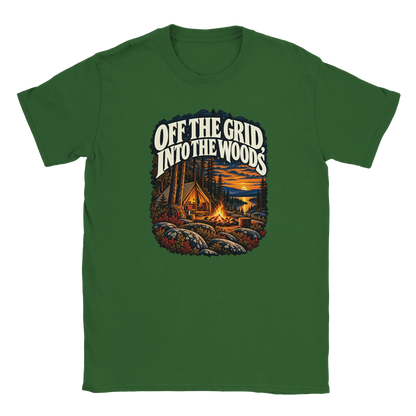 Off The Grid - T-shirt. A tent, campfire and forest lake in warm evening light beneath Off the Grid Into the Woods lettering.
