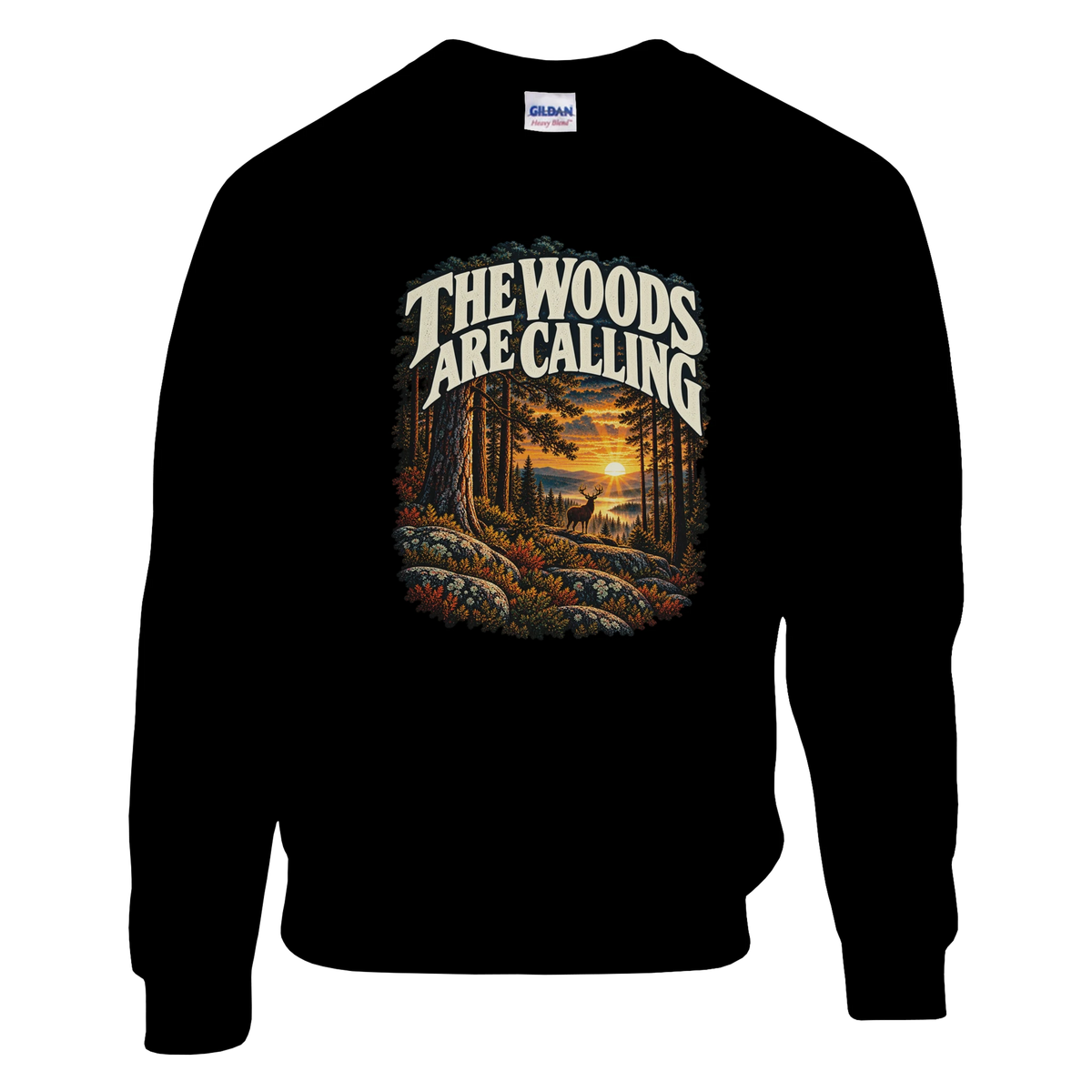The Woods Are Calling - Sweatshirt in Black. A deer between tall pine trees in golden light beneath The Woods Are Calling lettering.