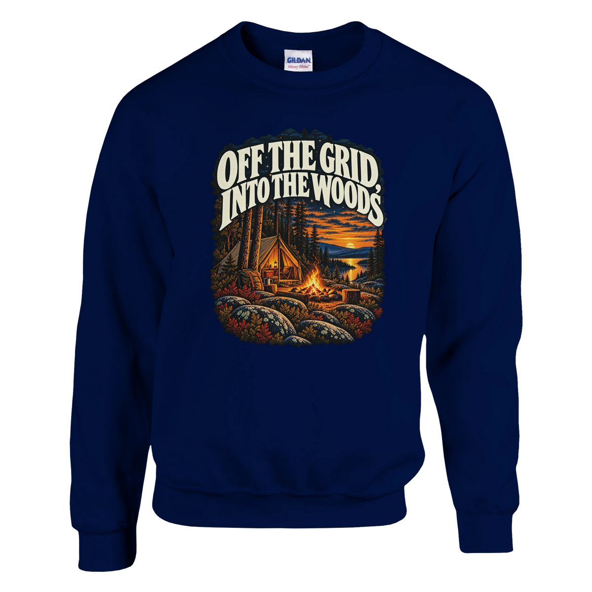 Off The Grid - Sweatshirt in Navy. A tent, campfire and forest lake in warm evening light beneath Off the Grid Into the Woods lettering.