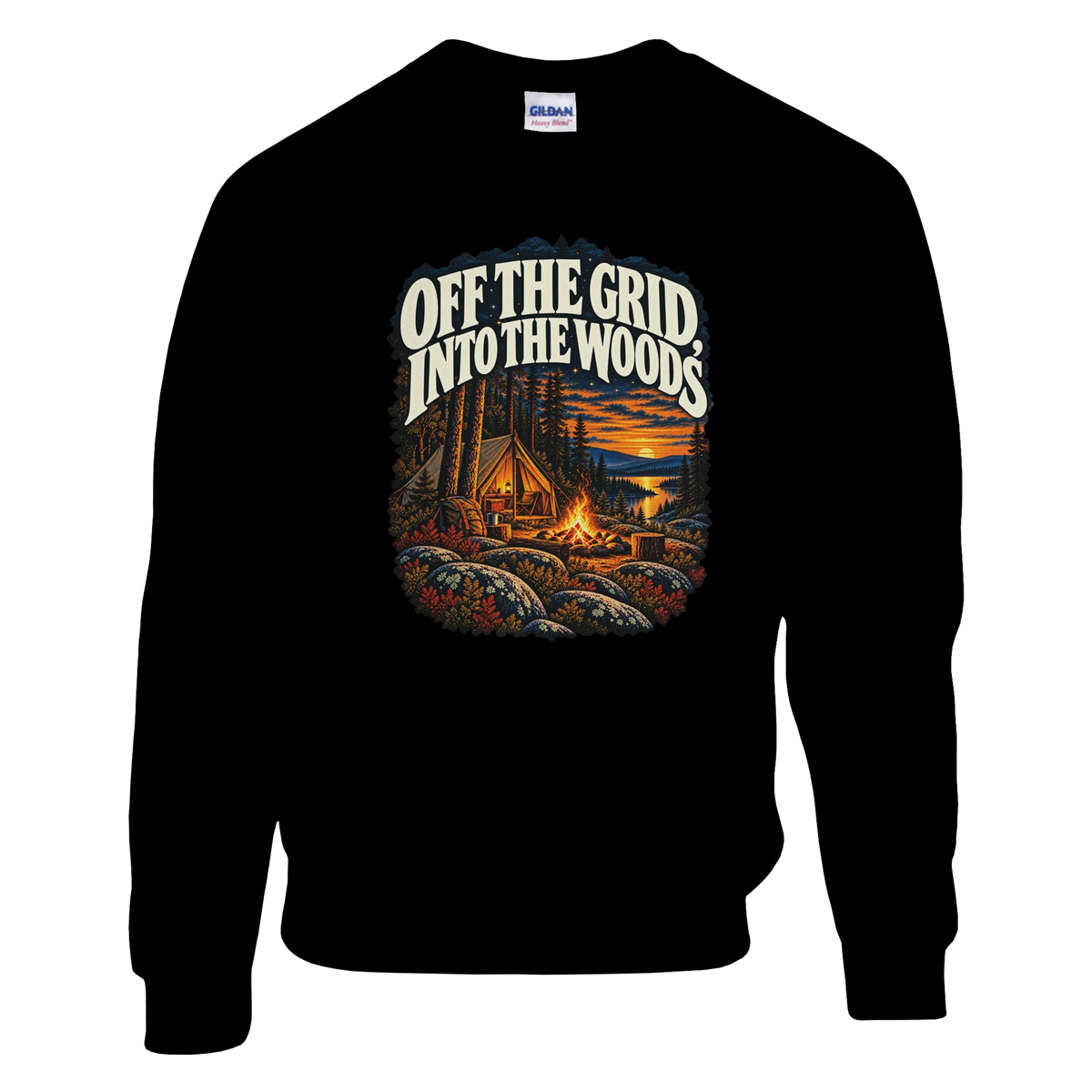 Off The Grid - Sweatshirt in Black. A tent, campfire and forest lake in warm evening light beneath Off the Grid Into the Woods lettering.