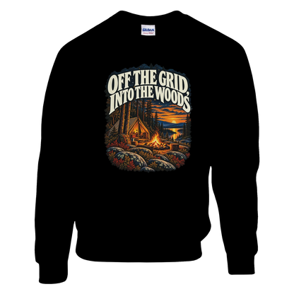 Off The Grid - Sweatshirt in Black. A tent, campfire and forest lake in warm evening light beneath Off the Grid Into the Woods lettering.