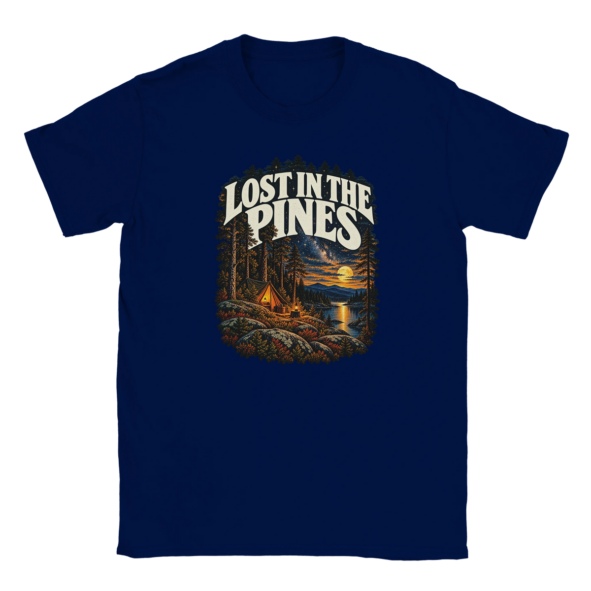 Lost In The Pines - T-shirt in Navy. A tent among tall pines beside a moonlit lake and starry sky beneath Lost in the Pines lettering.