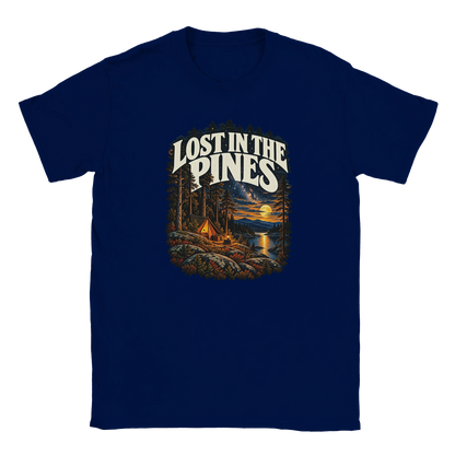 Lost In The Pines - T-shirt in Navy. A tent among tall pines beside a moonlit lake and starry sky beneath Lost in the Pines lettering.