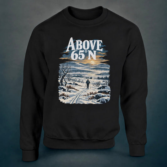 Black sweatshirt with the Above 65°N Finnish Skiing print: a lone skier in a snowy Lapland landscape under a low Arctic sun