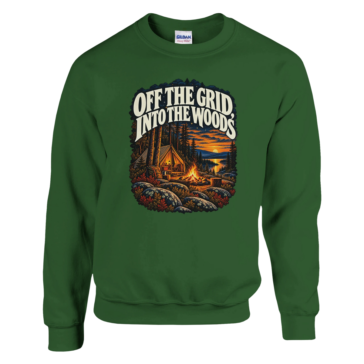Off The Grid - Sweatshirt in Military Green. A tent, campfire and forest lake in warm evening light beneath Off the Grid Into the Woods lettering.