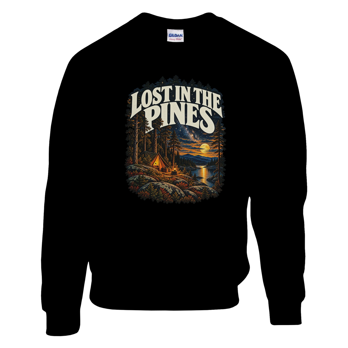 Lost In The Pines - Sweatshirt in Black. A tent among tall pines beside a moonlit lake and starry sky beneath Lost in the Pines lettering.