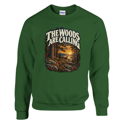 The Woods Are Calling - Sweatshirt in Military Green. A deer between tall pine trees in golden light beneath The Woods Are Calling lettering.