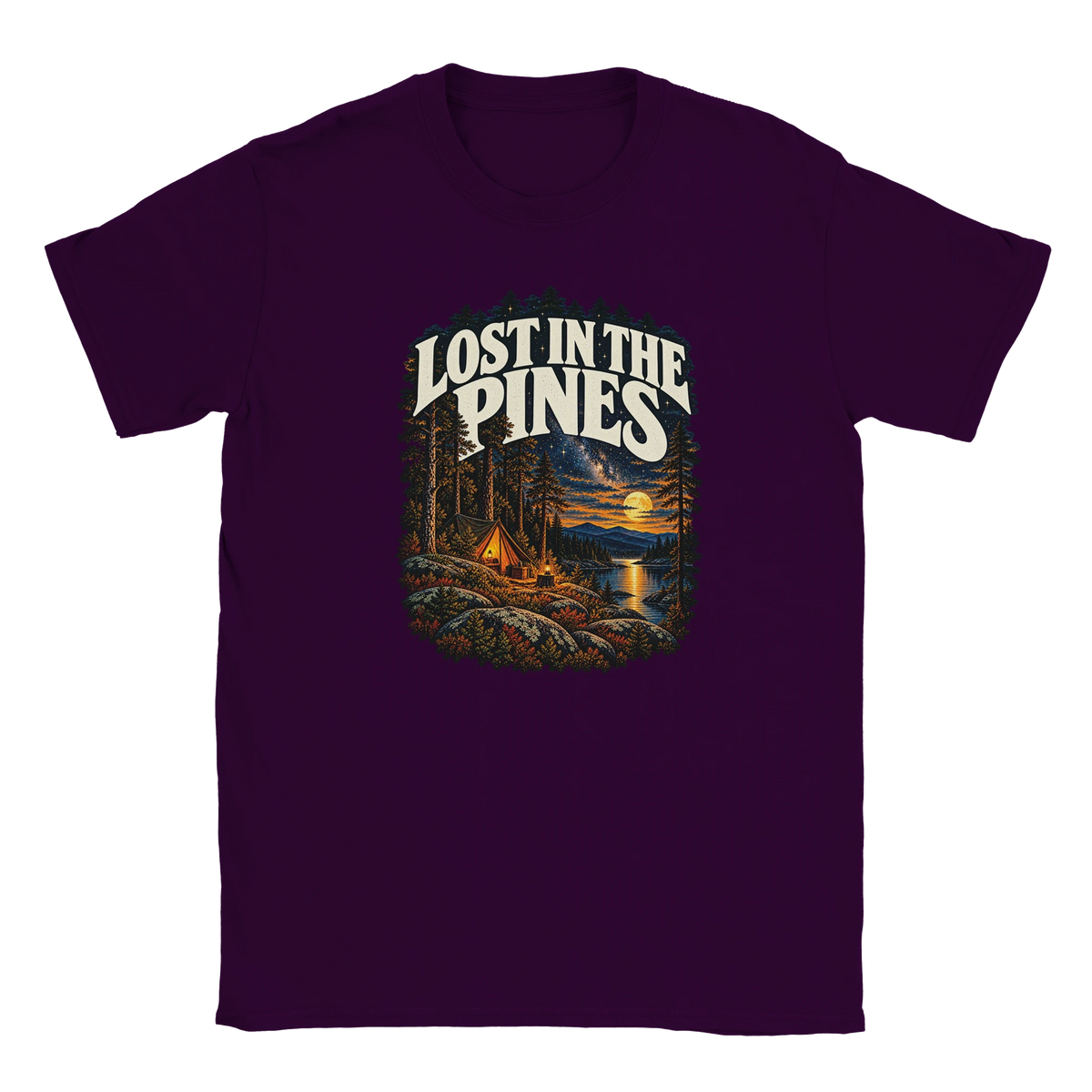 Lost In The Pines - T-shirt in Maroon. A tent among tall pines beside a moonlit lake and starry sky beneath Lost in the Pines lettering.