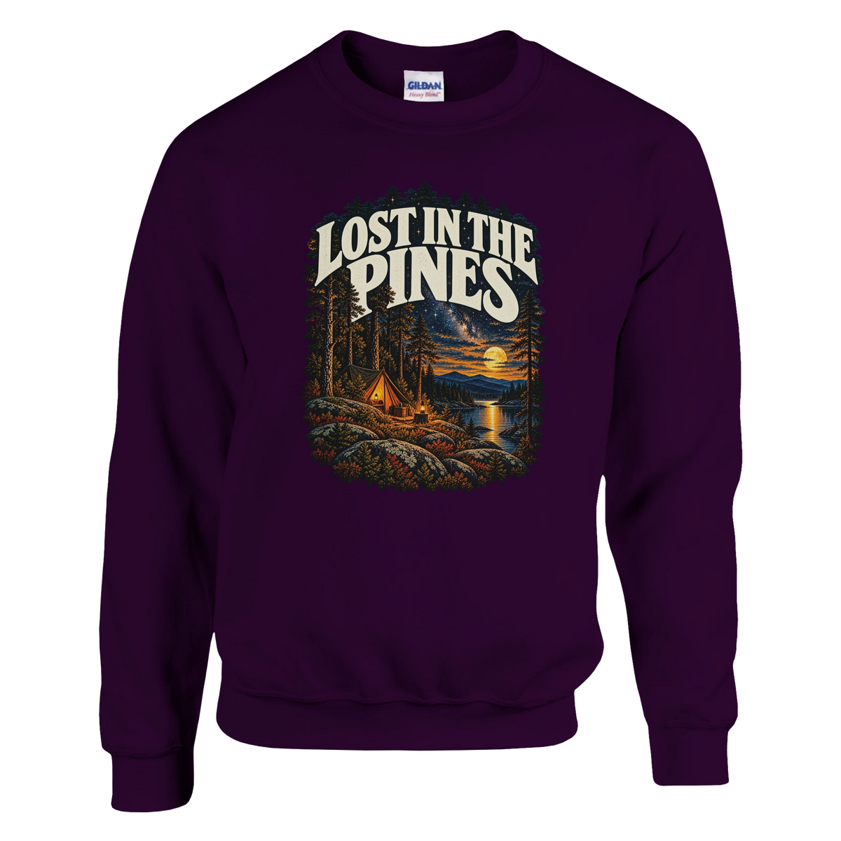 Lost In The Pines - Sweatshirt in Maroon. A tent among tall pines beside a moonlit lake and starry sky beneath Lost in the Pines lettering.