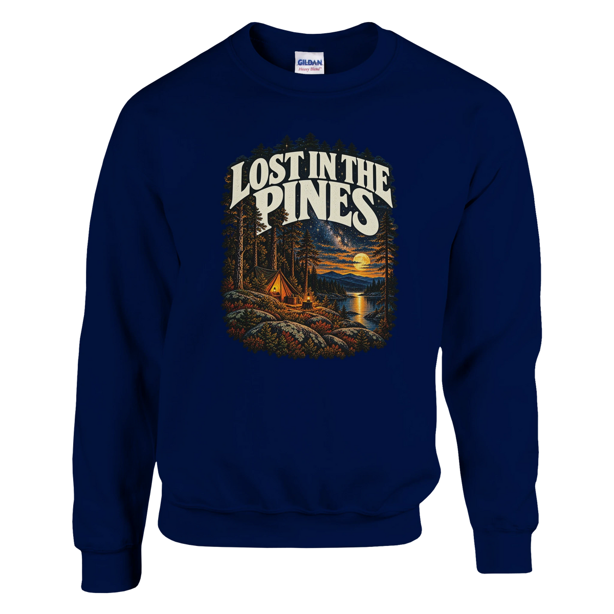 Lost In The Pines - Sweatshirt in Navy. A tent among tall pines beside a moonlit lake and starry sky beneath Lost in the Pines lettering.