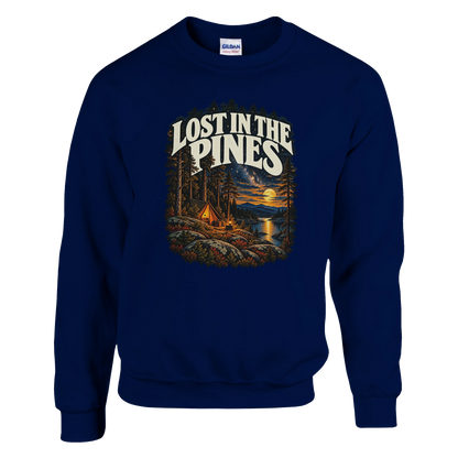 Lost In The Pines - Sweatshirt in Navy. A tent among tall pines beside a moonlit lake and starry sky beneath Lost in the Pines lettering.