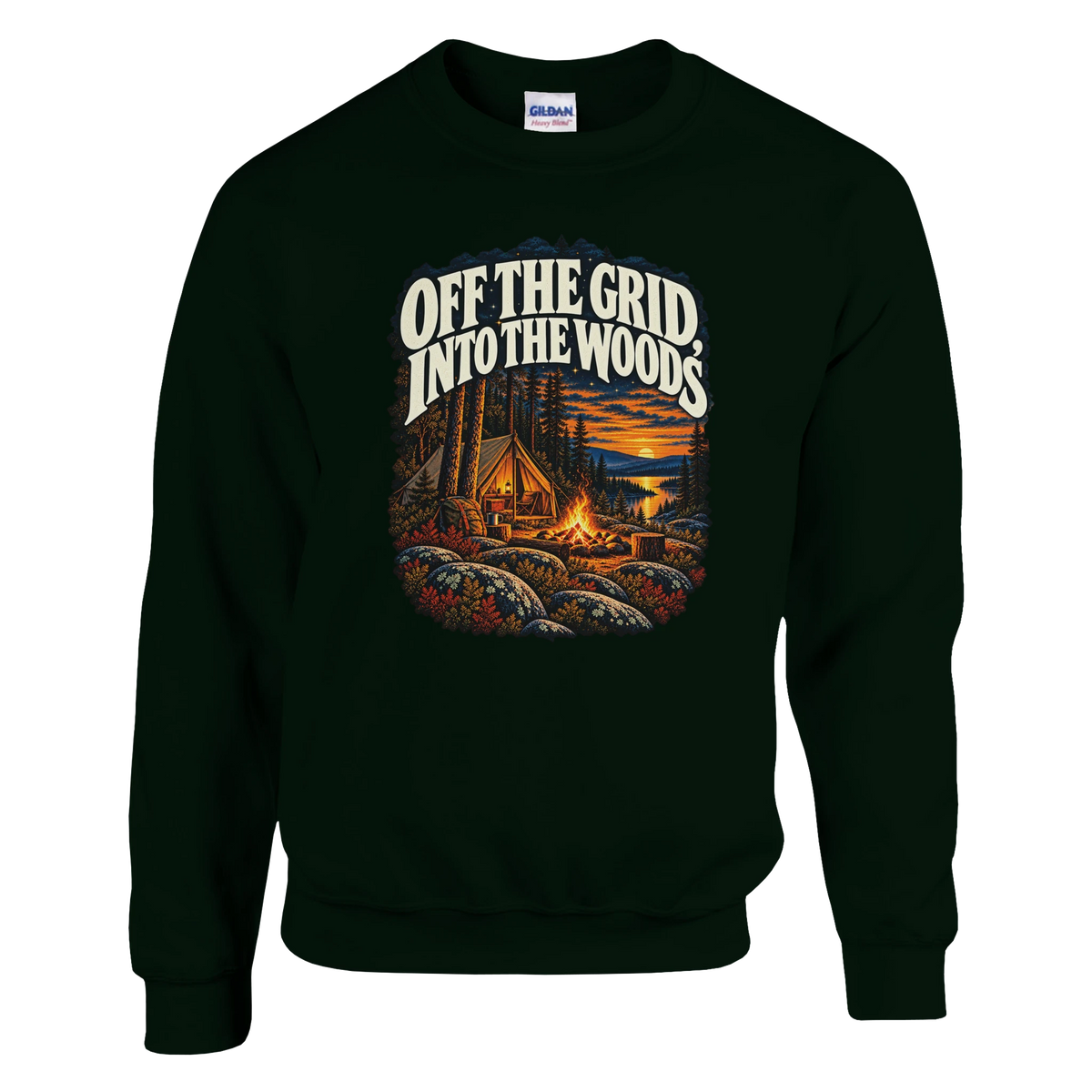 Off The Grid - Sweatshirt in Forest Green. A tent, campfire and forest lake in warm evening light beneath Off the Grid Into the Woods lettering.