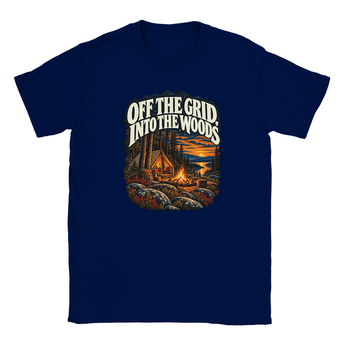 Off The Grid - T-shirt. A tent, campfire and forest lake in warm evening light beneath Off the Grid Into the Woods lettering.